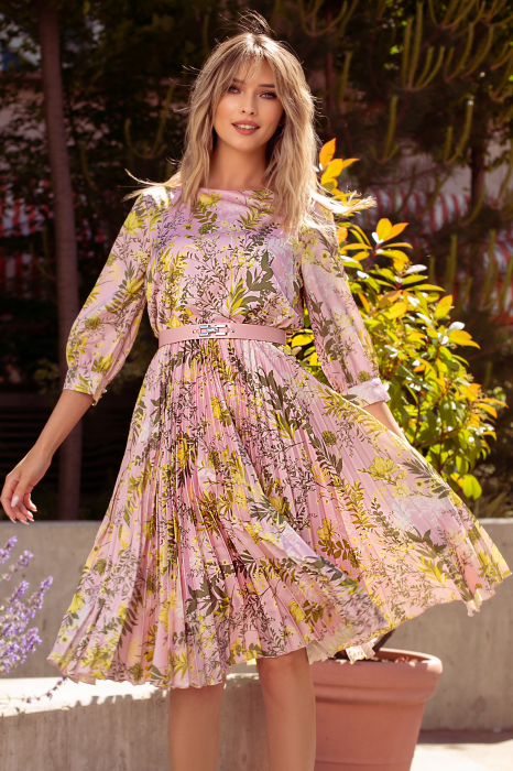 Rochie Favori roz cu imprimeu floral și fustă cu pliuri [5]