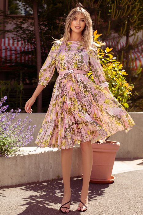 Rochie Favori roz cu imprimeu floral și fustă cu pliuri [2]