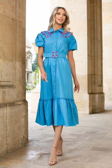 Rochie Fernanda albastră accesorizată cu dantelă [4]