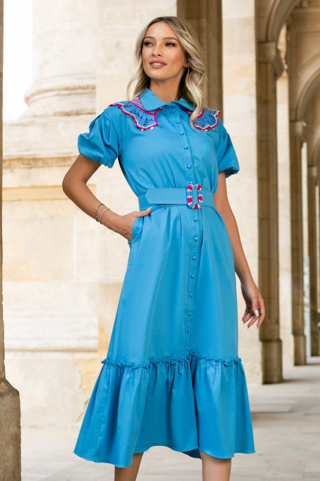 Rochie Fernanda albastră accesorizată cu dantelă [5]