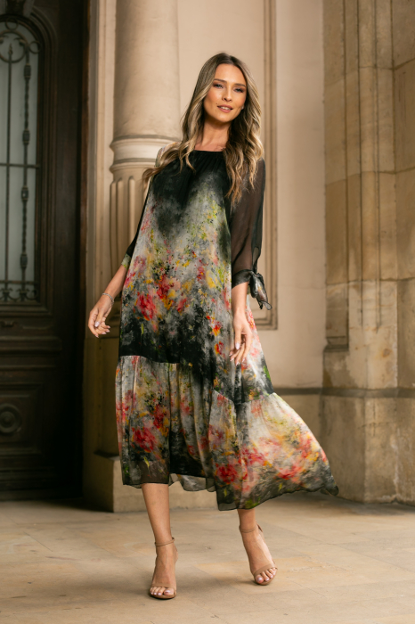 Rochie neagră de vară din mătase naturală cu imprimeu abstract [2]