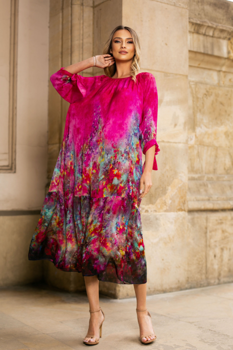 Rochie fucsia de vară din mătase naturală cu imprimeu abstract [2]