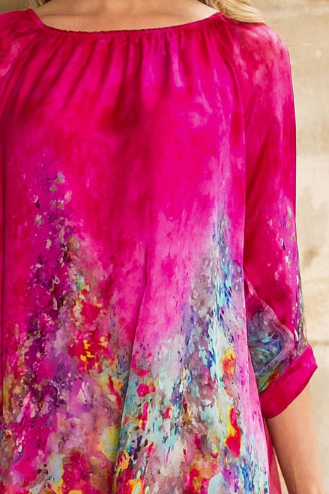 Rochie fucsia de vară din mătase naturală cu imprimeu abstract [4]