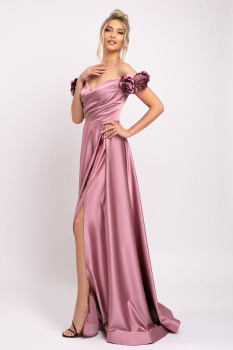 Rochie Hera roz pudră de ocazie accesorizată cu flori 3D [2]
