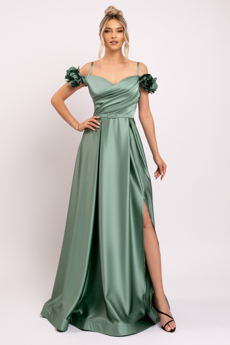 Rochie Hera verde de ocazie accesorizată cu flori 3D [2]