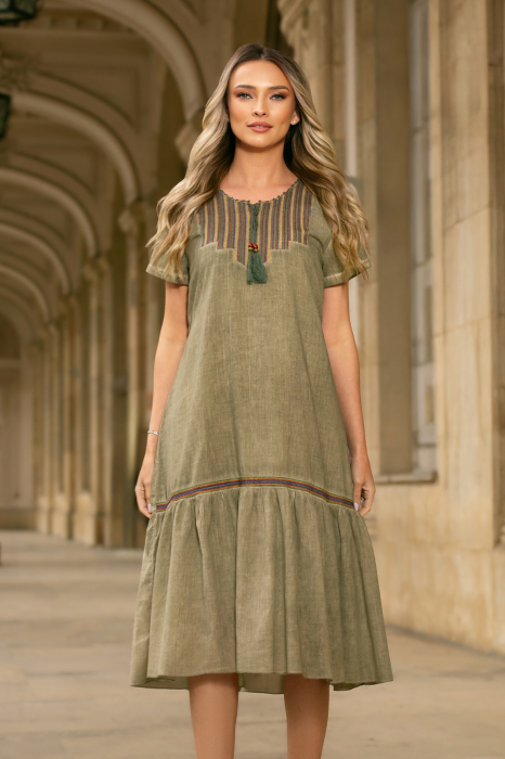 Rochie kaki din bumbac cu broderia [5]