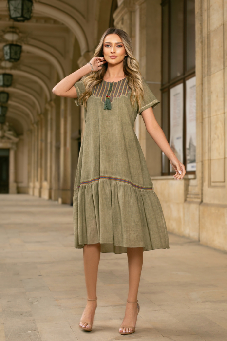 Rochie kaki din bumbac cu broderia [6]