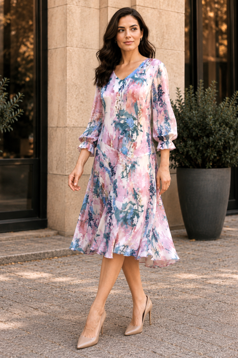 Rochie midi din voal cu imprimeu floral pastel [2]