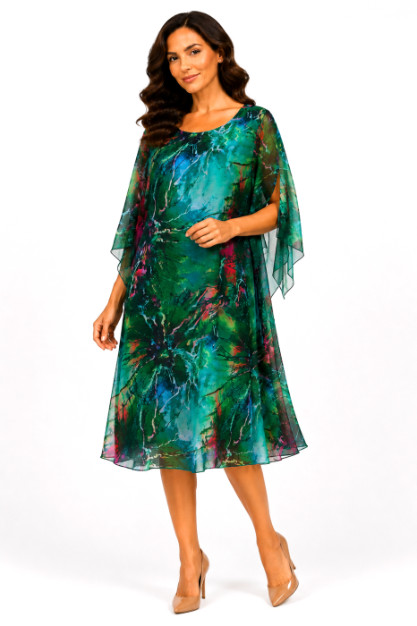 Rochie midi verde cu imprimeu abstract și mâneci vaporoase [2]