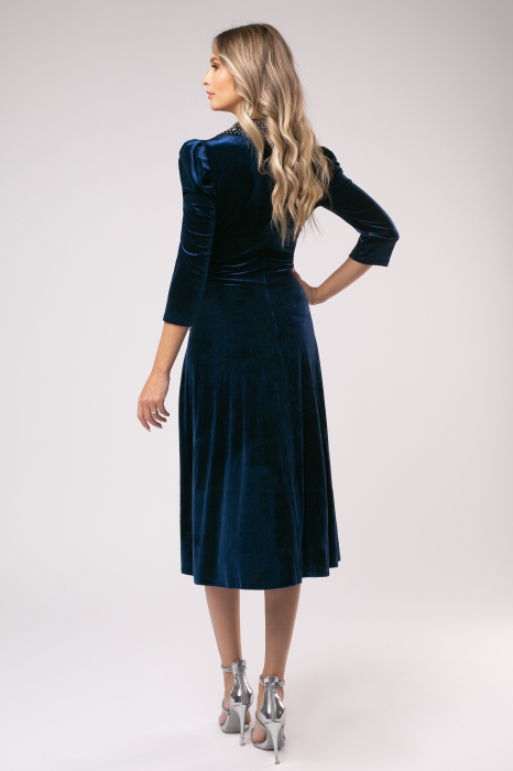 Rochie Lora bleumarin  din catifea cu accesorii pe bust și în talie [5]
