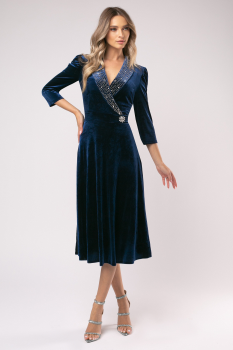 Rochie Lora bleumarin  din catifea cu accesorii pe bust și în talie [4]