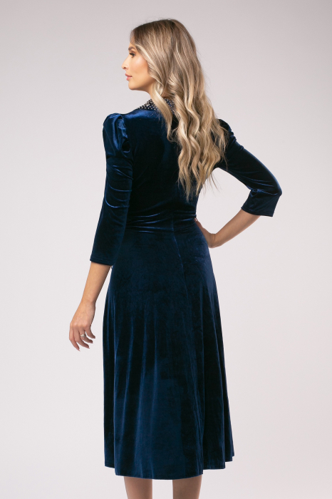 Rochie Lora bleumarin  din catifea cu accesorii pe bust și în talie [3]