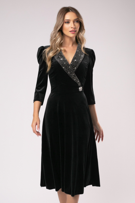 Rochie Lora negru din catifea cu accesorii pe bust și în talie [5]