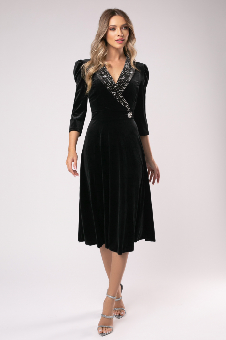 Rochie Lora negru din catifea cu accesorii pe bust și în talie [2]