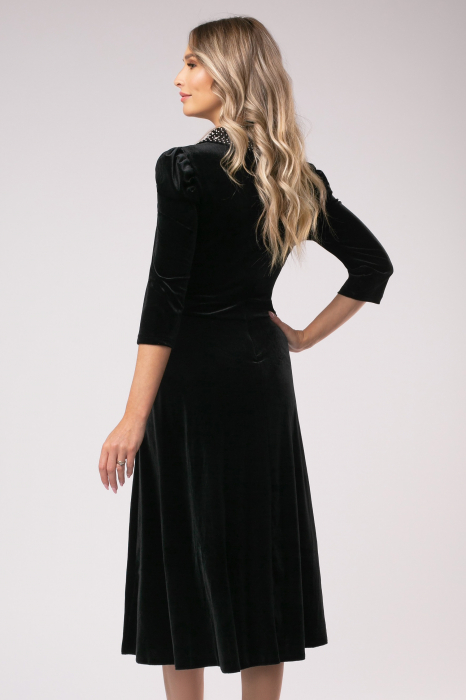 Rochie Lora negru din catifea cu accesorii pe bust și în talie [3]