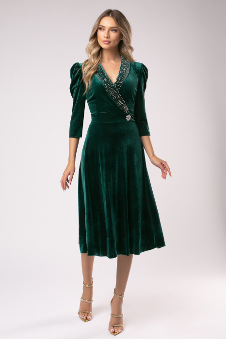 Rochie Lora verde din catifea cu accesorii pe bust și în talie [5]