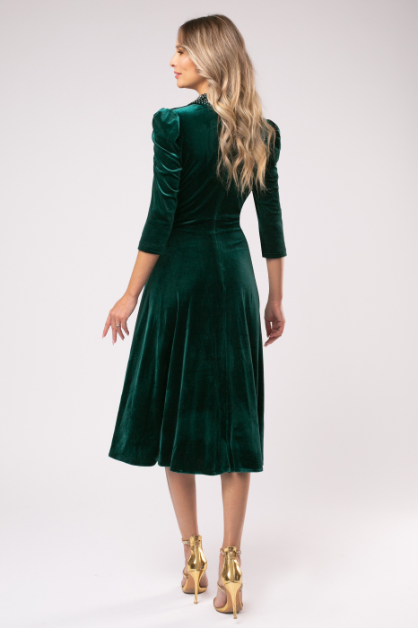 Rochie Lora verde din catifea cu accesorii pe bust și în talie [6]