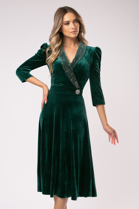Rochie Lora verde din catifea cu accesorii pe bust și în talie [4]