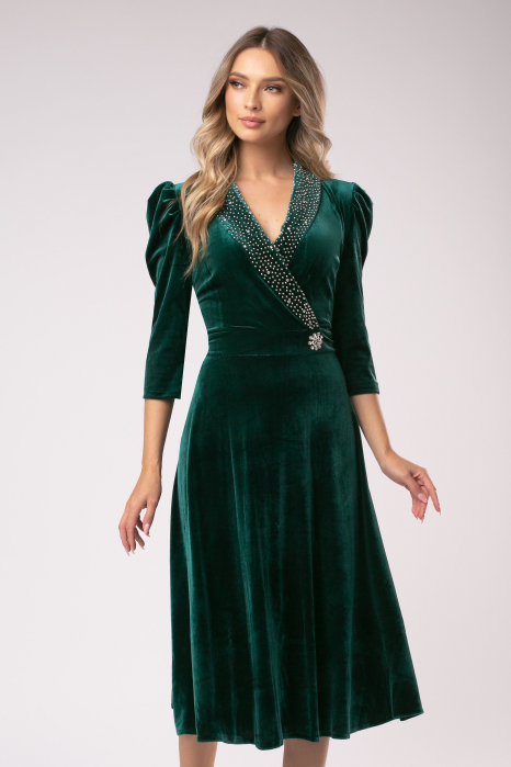 Rochie Lora verde din catifea cu accesorii pe bust și în talie [2]