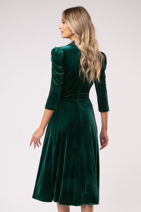 Rochie Lora verde din catifea cu accesorii pe bust și în talie [3]