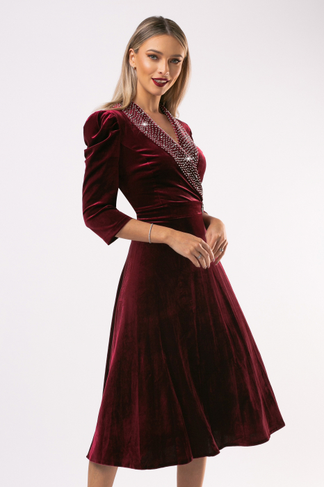 Rochie Lora vișinie din catifea cu accesorii pe bust și în talie [4]