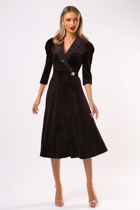 Rochie Lora maro din catifea cu accesorii pe bust și în talie [4]