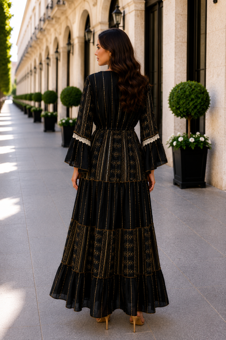 Rochie lungă de vară neagră din vâscoză cu inserții aurii [3]