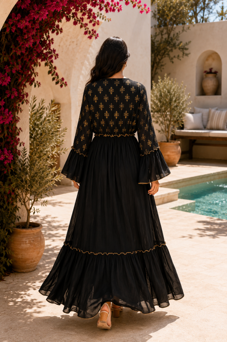 Rochie lungă de vară neagră din vâscoză cu inserții aurii [3]
