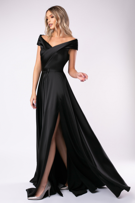 Rochie lungă elegantă neagră din satin [2]