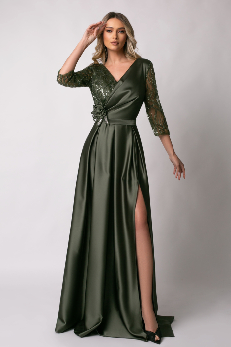 Rochie lungă kaki de ocazie, mărime mare cu paiete [2]