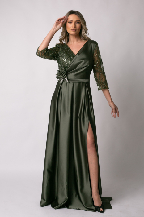 Rochie lungă kaki de ocazie, mărime mare cu paiete [2]