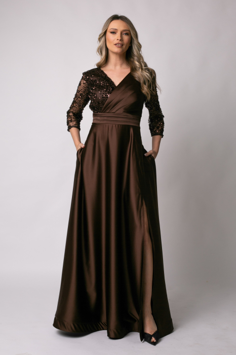 Rochie lungă maro de ocazie, mărime mare cu paiete [2]