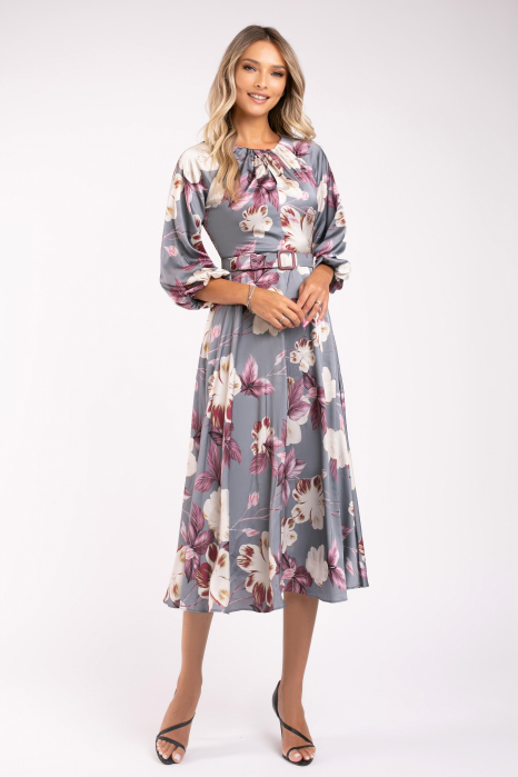 Rochie Maribell gri cu imprimeu floral și mâneci bufante [2]