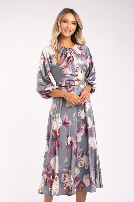 Rochie Maribell gri cu imprimeu floral și mâneci bufante [6]