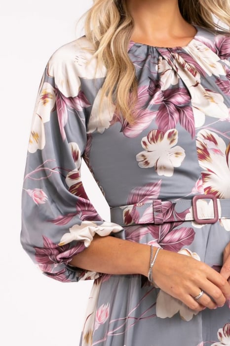 Rochie Maribell gri cu imprimeu floral și mâneci bufante [4]