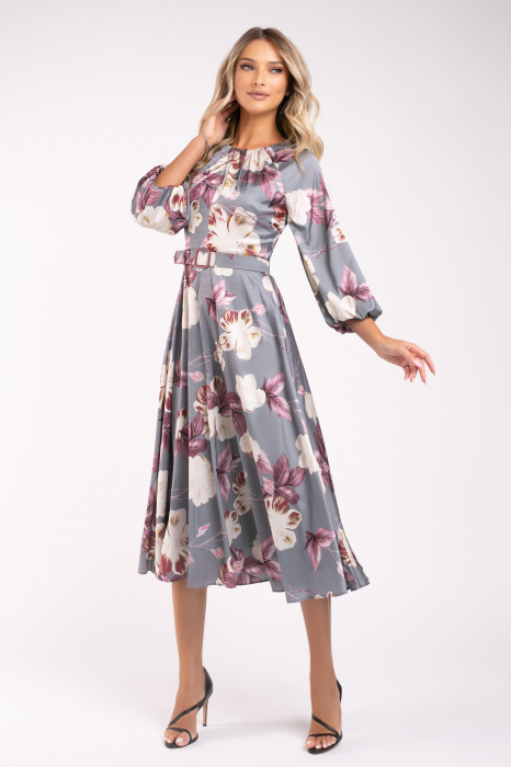 Rochie Maribell gri cu imprimeu floral și mâneci bufante [5]