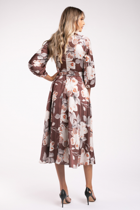 Rochie Maribell maro cu imprimeu floral și mâneci bufante [7]