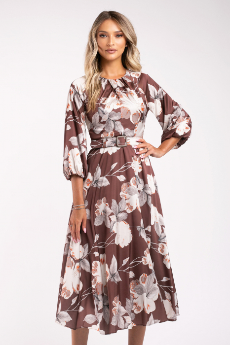 Rochie Maribell maro cu imprimeu floral și mâneci bufante [6]