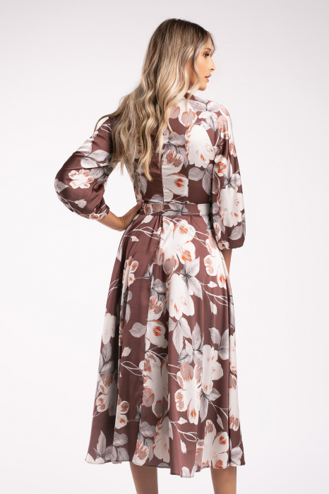 Rochie Maribell maro cu imprimeu floral și mâneci bufante [3]