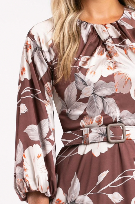Rochie Maribell maro cu imprimeu floral și mâneci bufante [4]