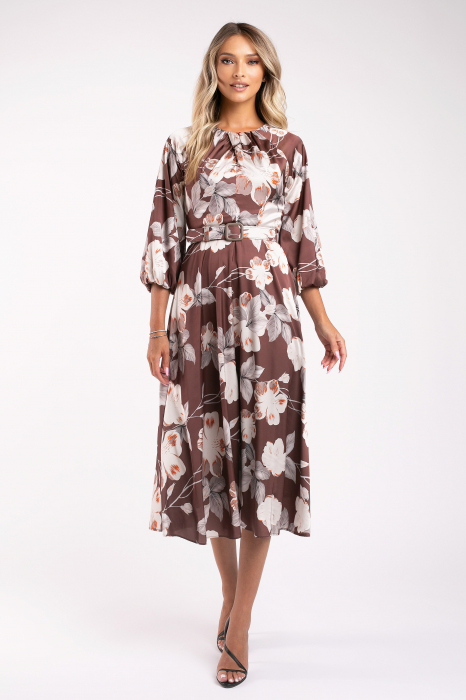 Rochie Maribell maro cu imprimeu floral și mâneci bufante [5]