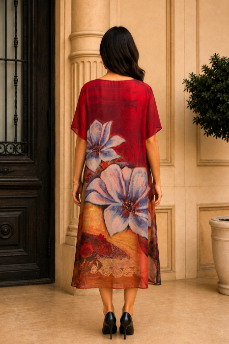 Rochie mărime mare roșie din satin cu imprimeu floral [4]
