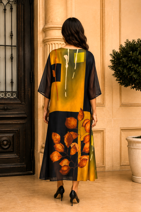 Rochie mărime mare neagră din satin cu imprimeu floral [3]