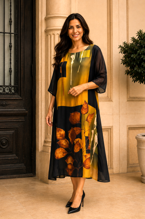 Rochie mărime mare neagră din satin cu imprimeu floral [2]