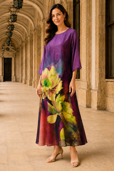 Rochie mărime mare mov din satin cu imprimeu floral [3]