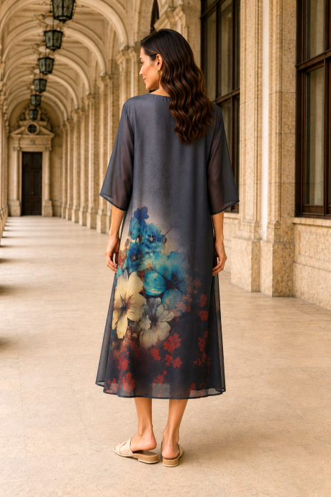 Rochie mărime mare neagră din satin cu imprimeu floral bleu [3]