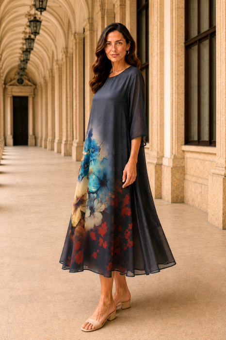 Rochie mărime mare neagră din satin cu imprimeu floral bleu [2]
