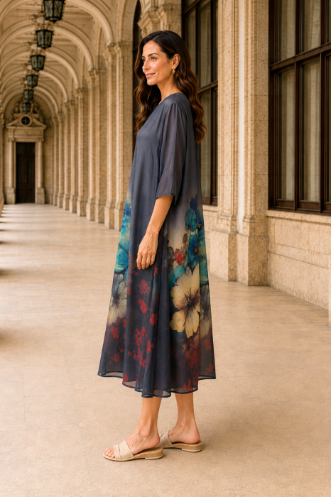 Rochie mărime mare neagră din satin cu imprimeu floral bleu [4]