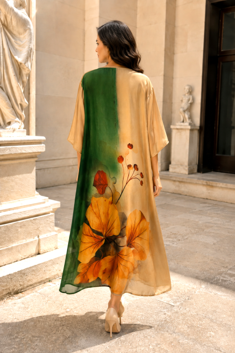 Rochie mărime mare verde-bej din satin cu imprimeu floral bleu [4]