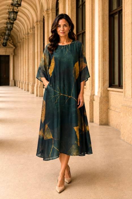 Rochie mărime mare verde închis din satin cu imprimeu floral [3]